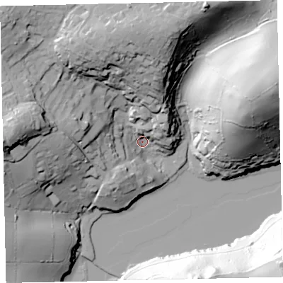 Shaded relief map of the ground around TQ96RF, computed from Environment Agency LiDAR. The ground here sits at about 6 m above sea level and falls 59 m across the surrounding 800 m. Surface water reaching this point runs off ground lying to the west, 47.2 m higher.
