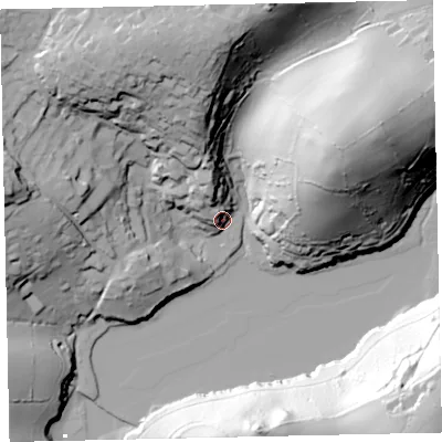 Shaded relief map of the ground around TQ96RG, computed from Environment Agency LiDAR. The ground here sits at about 8 m above sea level and falls 61 m across the surrounding 800 m. Surface water reaching this point runs off ground lying to the north-north-west, 13.3 m higher.