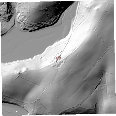 Shaded relief map of the ground around TQ96RJ, computed from Environment Agency LiDAR. The ground here sits at about 46 m above sea level and falls 68 m across the surrounding 800 m. Surface water reaching this point runs off ground lying to the south-east, 25.8 m higher.