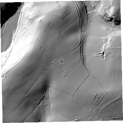 Shaded relief map of the ground around TQ96RL, computed from Environment Agency LiDAR. The ground here sits at about 53 m above sea level and falls 67 m across the surrounding 800 m. Surface water reaching this point runs off ground lying to the north-west, 12.5 m higher.
