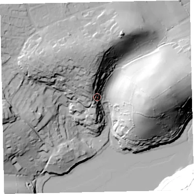 Shaded relief map of the ground around TQ96SQ, computed from Environment Agency LiDAR. The ground here sits at about 22 m above sea level and falls 58 m across the surrounding 800 m. Surface water reaching this point runs off ground lying to the north-west, 28.6 m higher.
