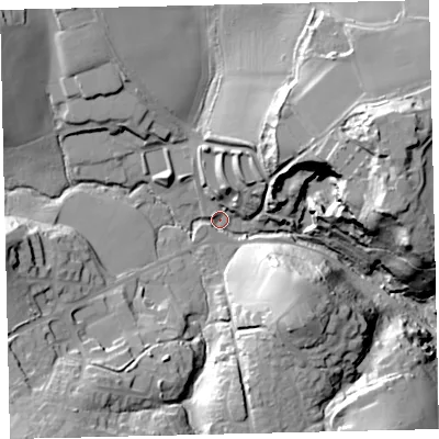 Shaded relief map of the ground around TQ96TQ, computed from Environment Agency LiDAR. The ground here sits at about 14 m above sea level and falls 44 m across the surrounding 800 m. Surface water reaching this point runs off ground lying to the east-north-east, 36.1 m higher.
