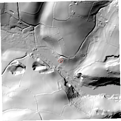 Shaded relief map of the ground around TQ97EB, computed from Environment Agency LiDAR. The ground here sits at about 9 m above sea level and falls 91 m across the surrounding 800 m. Surface water reaching this point runs off ground lying to the north-north-east, 39.1 m higher.