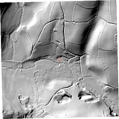 Shaded relief map of the ground around TQ97EE, computed from Environment Agency LiDAR. The ground here sits at about 4 m above sea level and falls 97 m across the surrounding 800 m. Surface water reaching this point runs off ground lying to the south-west, 76.6 m higher.