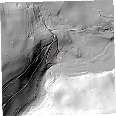 Shaded relief map of the ground around TQ97EF, computed from Environment Agency LiDAR. The ground here sits at about 17 m above sea level and falls 121 m across the surrounding 800 m. Surface water reaching this point runs off ground lying to the west, 115.1 m higher.