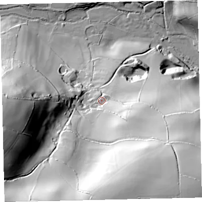Shaded relief map of the ground around TQ97EG, computed from Environment Agency LiDAR. The ground here sits at about 36 m above sea level and falls 102 m across the surrounding 800 m. Surface water reaching this point runs off ground lying to the south-south-east, 71.2 m higher.