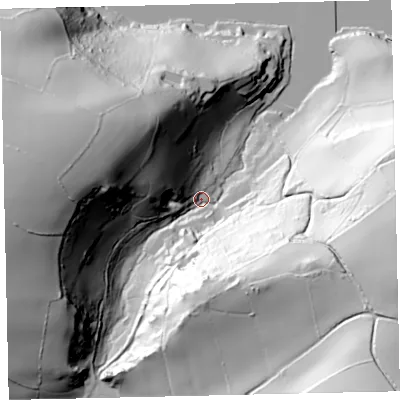 Shaded relief map of the ground around TQ97EH, computed from Environment Agency LiDAR. The ground here sits at about 12 m above sea level and falls 103 m across the surrounding 800 m. Surface water reaching this point runs off ground lying to the west, 92.0 m higher.