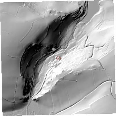 Shaded relief map of the ground around TQ97EL, computed from Environment Agency LiDAR. The ground here sits at about 25 m above sea level and falls 109 m across the surrounding 800 m. Surface water reaching this point runs off ground lying to the south-south-east, 58.6 m higher.