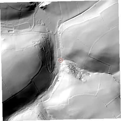 Shaded relief map of the ground around TQ97EP, computed from Environment Agency LiDAR. The ground here sits at about 41 m above sea level and falls 103 m across the surrounding 800 m. Surface water reaching this point runs off ground lying to the south-east, 91.8 m higher.