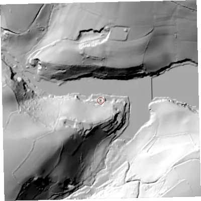Shaded relief map of the ground around TQ97EQ, computed from Environment Agency LiDAR. The ground here sits at about 5 m above sea level and falls 99 m across the surrounding 800 m. Surface water reaching this point runs off ground lying to the south-south-west, 38.2 m higher.