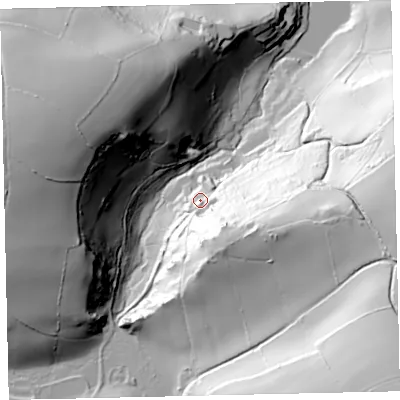 Shaded relief map of the ground around TQ97EW, computed from Environment Agency LiDAR. The ground here sits at about 30 m above sea level and falls 111 m across the surrounding 800 m. Surface water reaching this point runs off ground lying to the south-east, 56.0 m higher.