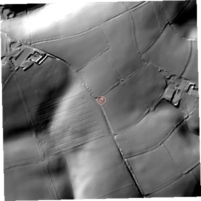 Shaded relief map of the ground around TQ97HL, computed from Environment Agency LiDAR. The ground here sits at about 145 m above sea level and falls 63 m across the surrounding 800 m. Surface water reaching this point runs off ground lying to the north, 9.2 m higher.