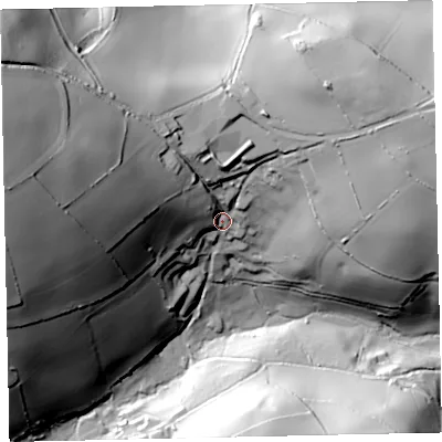 Shaded relief map of the ground around TQ97HQ, computed from Environment Agency LiDAR. The ground here sits at about 36 m above sea level and falls 104 m across the surrounding 800 m. Surface water reaching this point runs off ground lying to the west-north-west, 76.7 m higher.