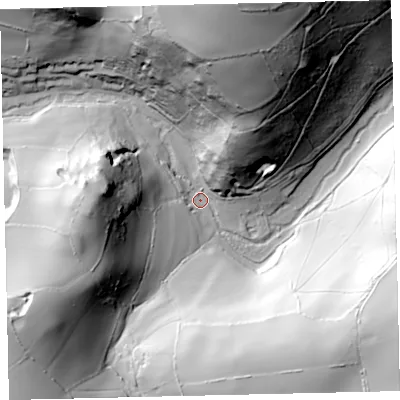 Shaded relief map of the ground around TQ97HU, computed from Environment Agency LiDAR. The ground here sits at about 27 m above sea level and falls 104 m across the surrounding 800 m. Surface water reaching this point runs off ground lying to the north, 98.1 m higher.