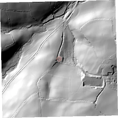 Shaded relief map of the ground around TQ97HZ, computed from Environment Agency LiDAR. The ground here sits at about 99 m above sea level and falls 115 m across the surrounding 800 m. Surface water reaching this point runs off ground lying to the south-west, 15.3 m higher.