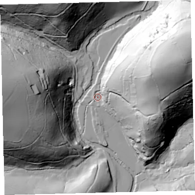 Shaded relief map of the ground around TQ97JT, computed from Environment Agency LiDAR. The ground here sits at about 41 m above sea level and falls 104 m across the surrounding 800 m. Surface water reaching this point runs off ground lying to the east-north-east, 98.4 m higher.