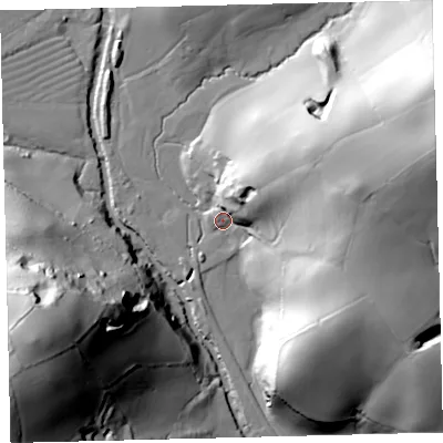 Shaded relief map of the ground around TQ97LU, computed from Environment Agency LiDAR. The ground here sits at about 75 m above sea level and falls 72 m across the surrounding 800 m. Surface water reaching this point runs off ground lying to the east-north-east, 42.0 m higher.