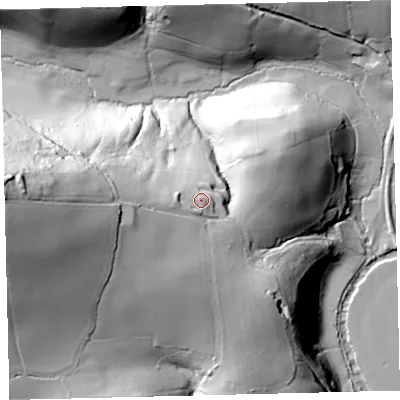Shaded relief map of the ground around TQ97NL, computed from Environment Agency LiDAR. The ground here sits at about 94 m above sea level and falls 88 m across the surrounding 800 m. Surface water reaching this point runs off ground lying to the west-south-west, 6.7 m higher.