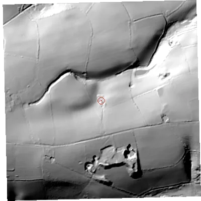 Shaded relief map of the ground around TQ97NQ, computed from Environment Agency LiDAR. The ground here sits at about 96 m above sea level and falls 75 m across the surrounding 800 m. Surface water reaching this point runs off ground lying to the west-south-west, 32.8 m higher.