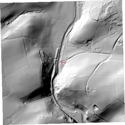 Shaded relief map of the ground around TQ97NX, computed from Environment Agency LiDAR. The ground here sits at about 62 m above sea level and falls 81 m across the surrounding 800 m. Surface water reaching this point runs off ground lying to the west-north-west, 57.8 m higher.