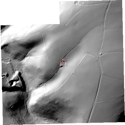 Shaded relief map of the ground around TQ97RF, computed from Environment Agency LiDAR. The ground here sits at about 108 m above sea level and falls 112 m across the surrounding 800 m. Surface water reaching this point runs off ground lying to the north-east, 46.6 m higher.