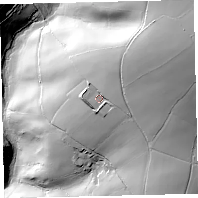 Shaded relief map of the ground around TQ97RW, computed from Environment Agency LiDAR. The ground here sits at about 140 m above sea level and falls 101 m across the surrounding 800 m. Surface water reaching this point runs off ground lying to the north-east, 9.4 m higher.