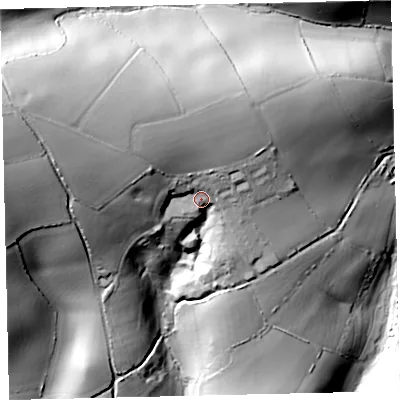 Shaded relief map of the ground around TQ97RZ, computed from Environment Agency LiDAR. The ground here sits at about 126 m above sea level and falls 83 m across the surrounding 800 m. Surface water reaching this point runs off ground lying to the north-west, 31.4 m higher.