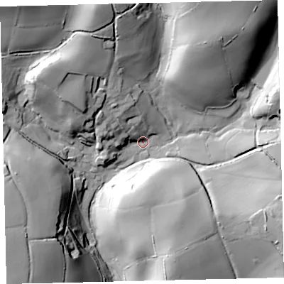 Shaded relief map of the ground around TQ97SH, computed from Environment Agency LiDAR. The ground here sits at about 70 m above sea level and falls 52 m across the surrounding 800 m. Surface water reaching this point runs off ground lying to the north-west, 31.7 m higher.