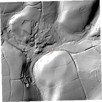 Shaded relief map of the ground around TQ97SJ, computed from Environment Agency LiDAR. The ground here sits at about 69 m above sea level and falls 53 m across the surrounding 800 m. Surface water reaching this point runs off ground lying to the north-north-east, 38.2 m higher.