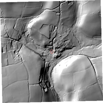 Shaded relief map of the ground around TQ97SN, computed from Environment Agency LiDAR. The ground here sits at about 72 m above sea level and falls 58 m across the surrounding 800 m. Surface water reaching this point runs off ground lying to the north-north-west, 30.3 m higher.