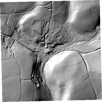 Shaded relief map of the ground around TQ97SQ, computed from Environment Agency LiDAR. The ground here sits at about 75 m above sea level and falls 57 m across the surrounding 800 m. Surface water reaching this point runs off ground lying to the north-north-west, 11.8 m higher.