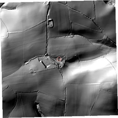 Shaded relief map of the ground around TQ97SS, computed from Environment Agency LiDAR. The ground here sits at about 85 m above sea level and falls 70 m across the surrounding 800 m. Surface water reaching this point runs off ground lying to the west, 33.9 m higher.