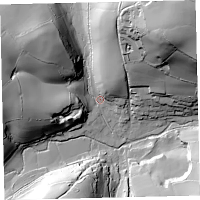 Shaded relief map of the ground around TQ97SY, computed from Environment Agency LiDAR. The ground here sits at about 36 m above sea level and falls 84 m across the surrounding 800 m. Surface water reaching this point runs off ground lying to the north-east, 76.9 m higher.