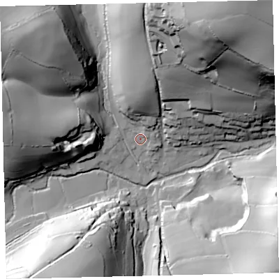 Shaded relief map of the ground around TQ97SZ, computed from Environment Agency LiDAR. The ground here sits at about 35 m above sea level and falls 81 m across the surrounding 800 m. Surface water reaching this point runs off ground lying to the north-west, 42.4 m higher.