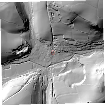 Shaded relief map of the ground around TQ97TA, computed from Environment Agency LiDAR. The ground here sits at about 36 m above sea level and falls 81 m across the surrounding 800 m. Surface water reaching this point runs off ground lying to the north-north-east, 73.0 m higher.