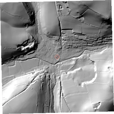 Shaded relief map of the ground around TQ97TB, computed from Environment Agency LiDAR. The ground here sits at about 33 m above sea level and falls 74 m across the surrounding 800 m. Surface water reaching this point runs off ground lying to the north-west, 44.5 m higher.