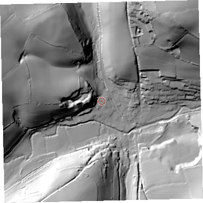 Shaded relief map of the ground around TQ97TL, computed from Environment Agency LiDAR. The ground here sits at about 36 m above sea level and falls 77 m across the surrounding 800 m. Surface water reaching this point runs off ground lying to the west, 26.7 m higher.