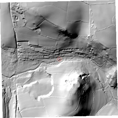 Shaded relief map of the ground around TQ97TQ, computed from Environment Agency LiDAR. The ground here sits at about 31 m above sea level and falls 113 m across the surrounding 800 m. Surface water reaching this point runs off ground lying to the north, 80.0 m higher.