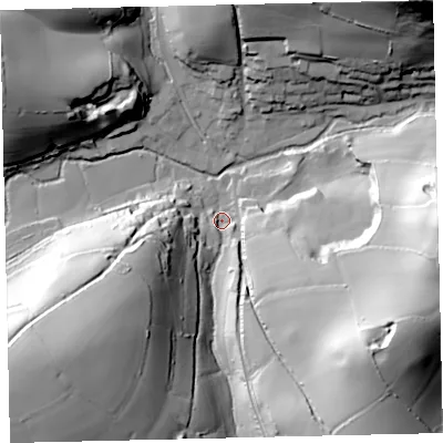 Shaded relief map of the ground around TQ97TR, computed from Environment Agency LiDAR. The ground here sits at about 35 m above sea level and falls 61 m across the surrounding 800 m. Surface water reaching this point runs off ground lying to the south-east, 57.0 m higher.