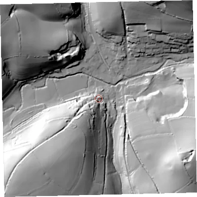 Shaded relief map of the ground around TQ97TS, computed from Environment Agency LiDAR. The ground here sits at about 39 m above sea level and falls 61 m across the surrounding 800 m. Surface water reaching this point runs off ground lying to the south-west, 18.4 m higher.