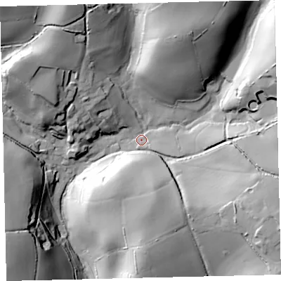 Shaded relief map of the ground around TQ97TW, computed from Environment Agency LiDAR. The ground here sits at about 70 m above sea level and falls 47 m across the surrounding 800 m. Surface water reaching this point runs off ground lying to the north-north-east, 38.0 m higher.