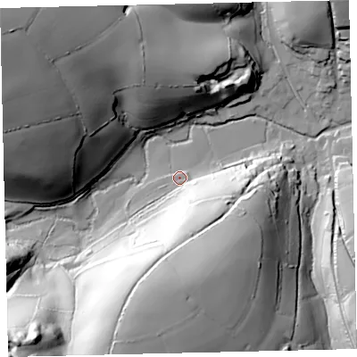 Shaded relief map of the ground around TQ97TY, computed from Environment Agency LiDAR. The ground here sits at about 37 m above sea level and falls 63 m across the surrounding 800 m. Surface water reaching this point runs off ground lying to the south-south-east, 33.8 m higher.