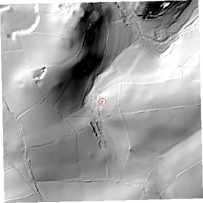 Shaded relief map of the ground around TQ97UA, computed from Environment Agency LiDAR. The ground here sits at about 55 m above sea level and falls 70 m across the surrounding 800 m. Surface water reaching this point runs off ground lying to the east-south-east, 14.9 m higher.