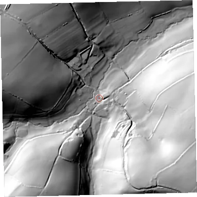 Shaded relief map of the ground around TQ97UB, computed from Environment Agency LiDAR. The ground here sits at about 51 m above sea level and falls 96 m across the surrounding 800 m. Surface water reaching this point runs off ground lying to the south-east, 90.7 m higher.