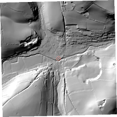 Shaded relief map of the ground around TQ97UH, computed from Environment Agency LiDAR. The ground here sits at about 33 m above sea level and falls 70 m across the surrounding 800 m. Surface water reaching this point runs off ground lying to the south-east, 59.9 m higher.