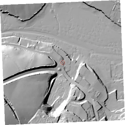 Shaded relief map of the ground around TR108AB, computed from Environment Agency LiDAR. The ground here sits at about 6 m above sea level and falls 56 m across the surrounding 800 m. Surface water reaching this point runs off ground lying to the west, 20.2 m higher.