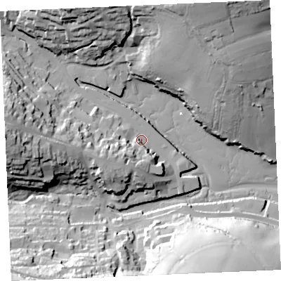 Shaded relief map of the ground around TR108AF, computed from Environment Agency LiDAR. The ground here sits at about 4 m above sea level and falls 47 m across the surrounding 800 m. Surface water reaching this point runs off ground lying to the west-south-west, 14.9 m higher.