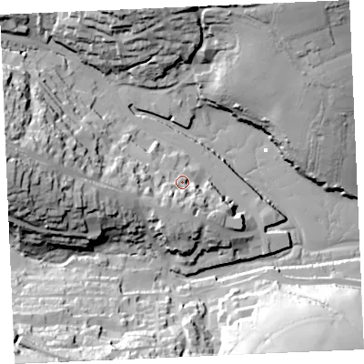 Shaded relief map of the ground around TR108AG, computed from Environment Agency LiDAR. The ground here sits at about 10 m above sea level and falls 47 m across the surrounding 800 m. Surface water reaching this point runs off ground lying to the south-south-west, 10.7 m higher.