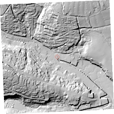 Shaded relief map of the ground around TR108AH, computed from Environment Agency LiDAR. The ground here sits at about 4 m above sea level and falls 60 m across the surrounding 800 m. Surface water reaching this point runs off ground lying to the north-north-east, 54.4 m higher.