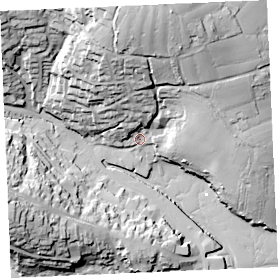 Shaded relief map of the ground around TR108AJ, computed from Environment Agency LiDAR. The ground here sits at about 7 m above sea level and falls 61 m across the surrounding 800 m. Surface water reaching this point runs off ground lying to the north, 50.5 m higher.